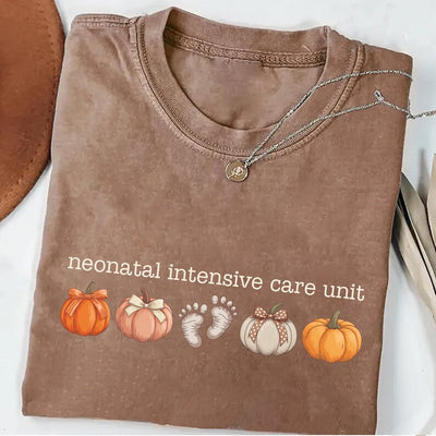 NICU Nurse Short Sleeve Shirt, Neonatal Intensive Care Unit Short Sleeve Shirt, Fall Autumn Doctor RN Pumpkins Footprints Short Sleeve Shirt