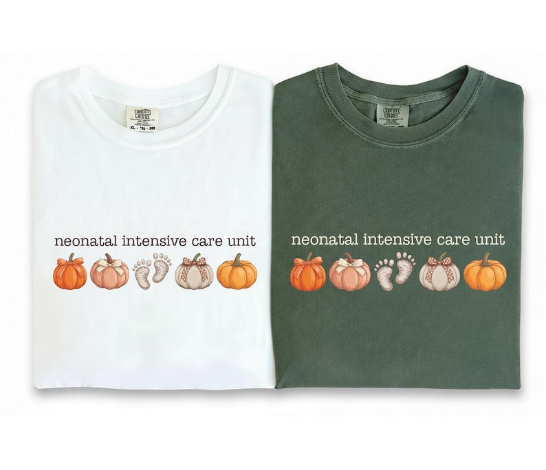 NICU Nurse Short Sleeve Shirt, Neonatal Intensive Care Unit Short Sleeve Shirt, Fall Autumn Doctor RN Pumpkins Footprints Short Sleeve Shirt