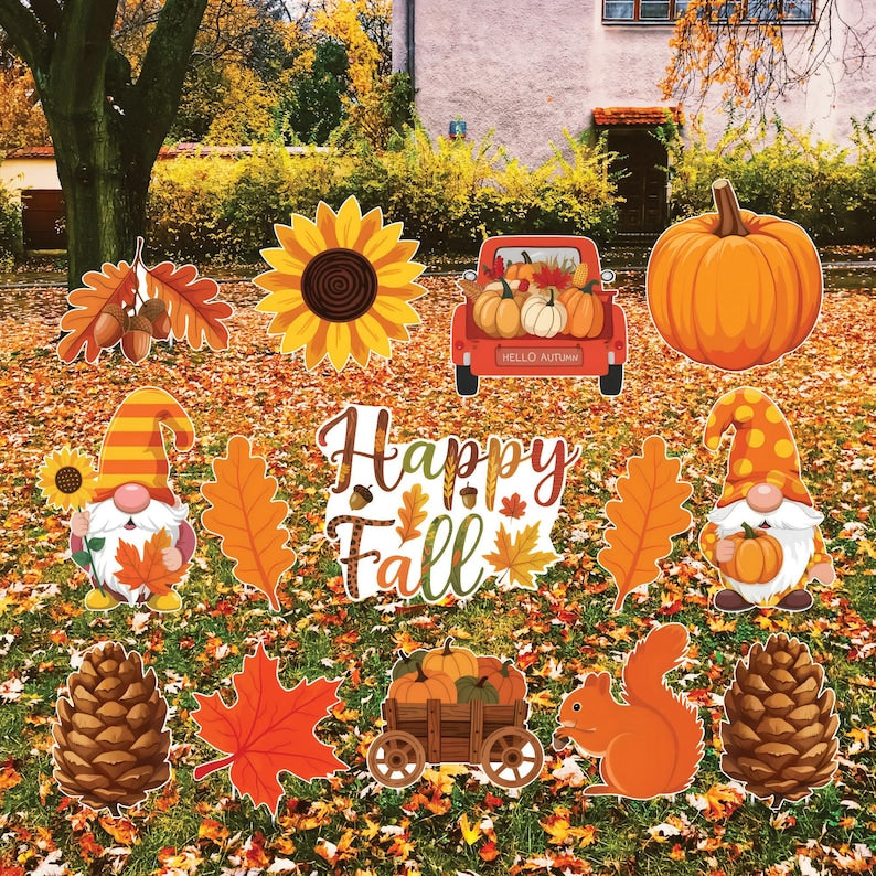 Fall Yard Signs, Autumn Harvest Lawn Decorations with Stakes, Pumpkin Gnome Sunflower Maple Leaf Outdoor Patio Garden Thanksgiving Décor