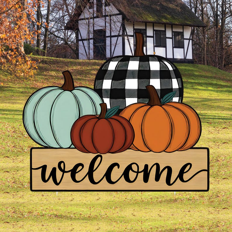 Fall Pumpkin Welcome Yard Sign, Rustic Farmhouse Lawn Decoration with Stakes, Autumn Harvest Outdoor Thanksgiving Porch Garden Décor