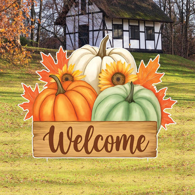Fall Pumpkin Welcome Yard Sign, Autumn Harvest Lawn Decorations with Stakes, Rustic Sunflower Maple Leaf Outdoor Thanksgiving Porch Décor