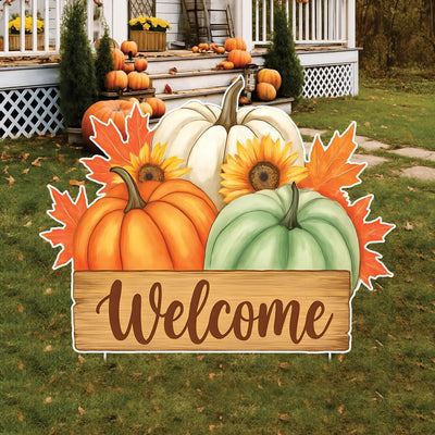 Fall Pumpkin Welcome Yard Sign, Autumn Harvest Lawn Decorations with Stakes, Rustic Sunflower Maple Leaf Outdoor Thanksgiving Porch Décor