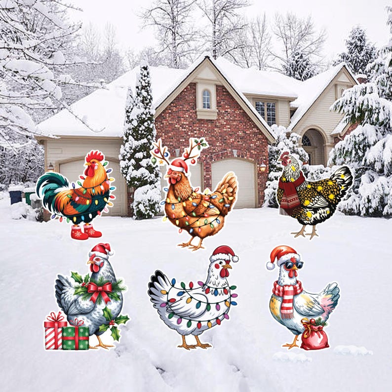 Christmas Chicken Yard Signs, Cute Outdoor Holiday Lawn Decorations with Stakes, Waterproof Xmas Garden Patio Pathway Winter Décor
