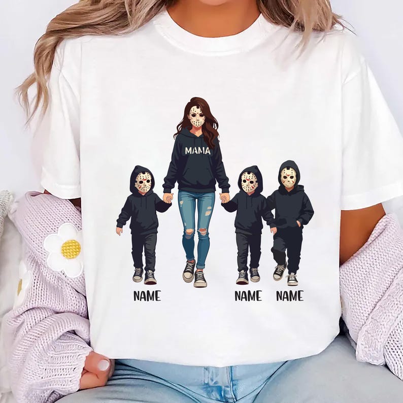 Halloween Horror Mama Shirt, Custom Kids Name Short Sleeve Shirt, Custom Spooky Mama Tee, Family Spooky Season Short Sleeve Shirt