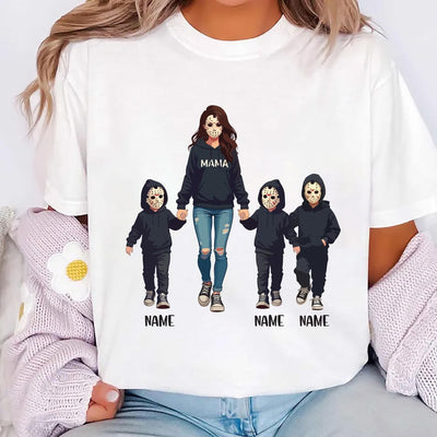 Halloween Horror Mama Shirt, Custom Kids Name Short Sleeve Shirt, Custom Spooky Mama Tee, Family Spooky Season Short Sleeve Shirt