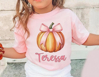 Custom Girls Fall Shirt, Personalized Pumpkin Toddler Tee, Pink Bow on Pumpkin Outfit, Girls Halloween Shirt, Pink Coquette Autumn TShirt