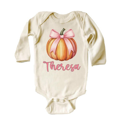 Custom Girls Fall Shirt, Personalized Pumpkin Toddler Tee, Pink Bow on Pumpkin Outfit, Girls Halloween Shirt, Pink Coquette Autumn TShirt