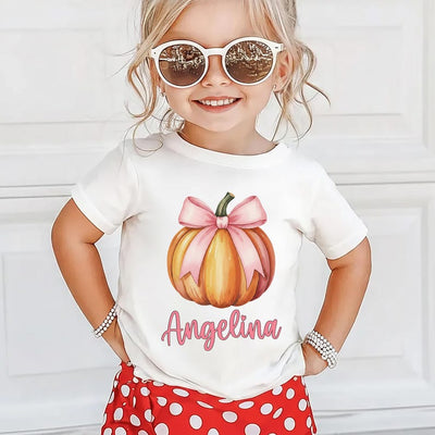 Custom Girls Fall Shirt, Personalized Pumpkin Toddler Tee, Pink Bow on Pumpkin Outfit, Girls Halloween Shirt, Pink Coquette Autumn TShirt