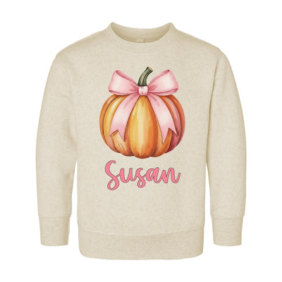 Custom Girls Fall Shirt, Personalized Pumpkin Toddler Tee, Pink Bow on Pumpkin Outfit, Girls Halloween Shirt, Pink Coquette Autumn TShirt