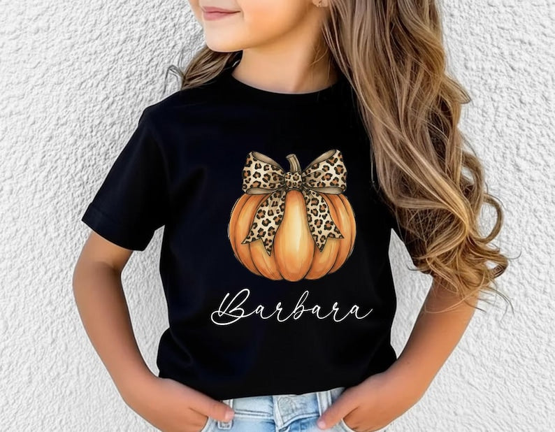 Personalized Pumpkin Fall Toddler Shirt, Cute Pumpkin with Cheetah Bow Shirt, Girls Autumn Tee with Name, Girls Halloween Shirt, Fall Gifts