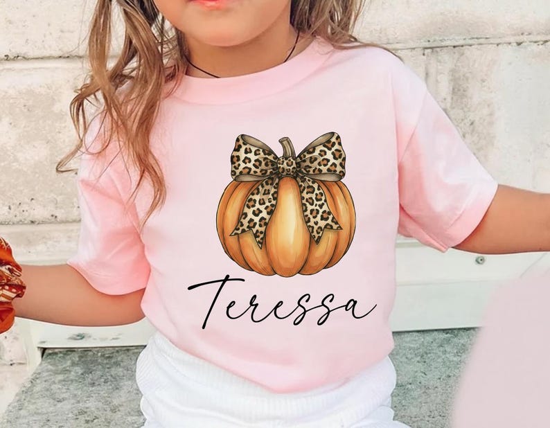 Personalized Pumpkin Fall Toddler Shirt, Cute Pumpkin with Cheetah Bow Shirt, Girls Autumn Tee with Name, Girls Halloween Shirt, Fall Gifts