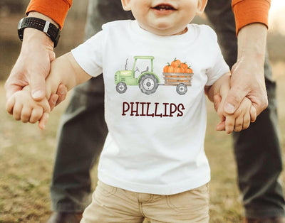 Personalized Pumpkin Tractor Kids Shirt, Halloween Green Tractor Toddler T-Shirt, Custom Halloween Boys Shirt, Custom Halloween Kids Tees