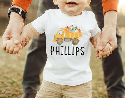 Boys Fall Shirt, Personalized Pumpkin Kids Crewneck, Dump Truck Halloween T-Shirt, Custom Fall Boy Shirt, Unisex Pumpkin Toddler Tee