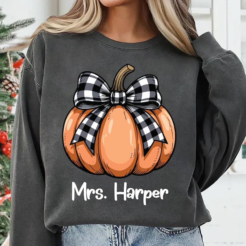 Teacher Halloween Sweatshirt, Custom Halloween Teacher SweatShirt, Coquette Pumpkin Tee, Spooky Teacher SweatShirt