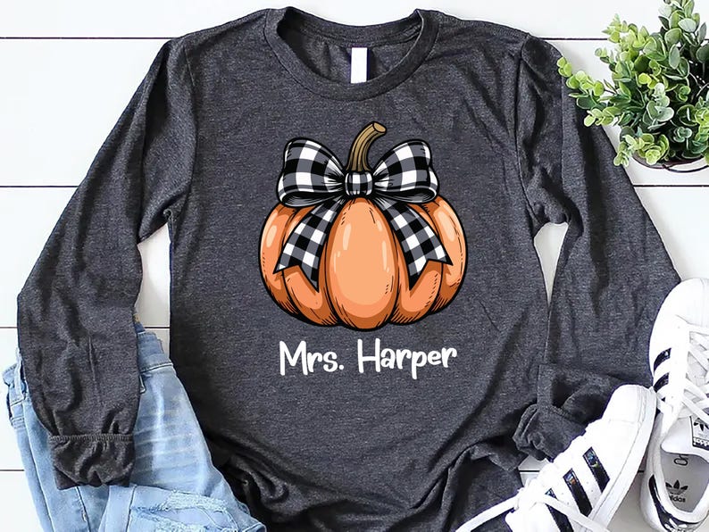 Teacher Halloween Long Sleeve Shirt, Custom Halloween Teacher Long Sleeve Shirt, Coquette Pumpkin Tee, Spooky Teacher Long Sleeve Shirt