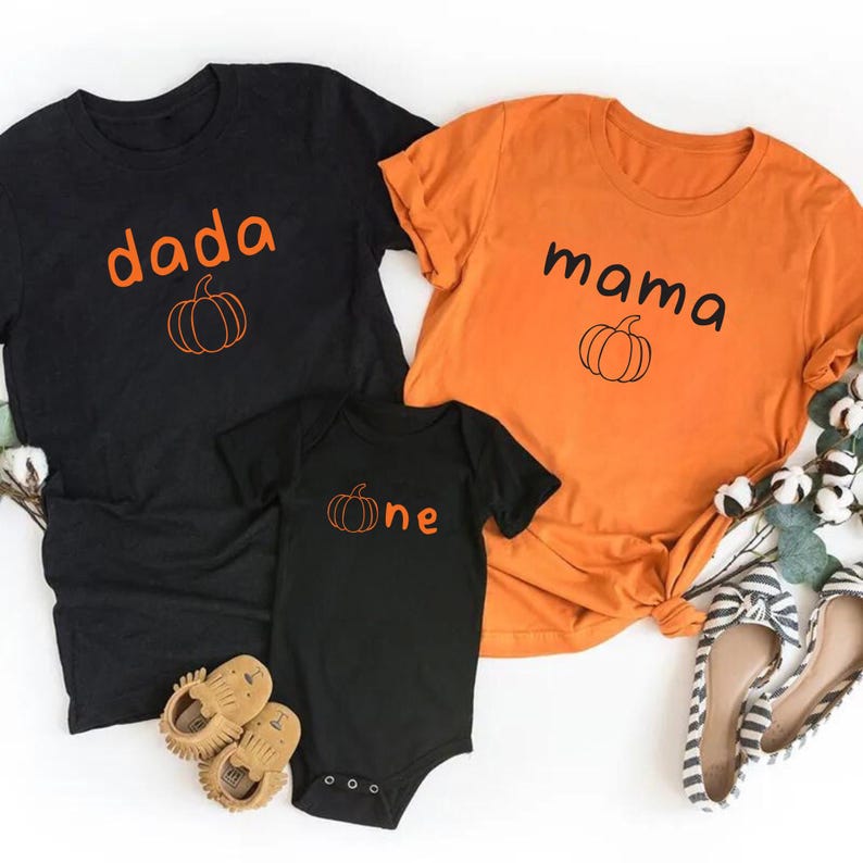 One Little Pumpkin First Birthday Short Sleeve Shirt, Pumpkin Themed 1st Birthday Matching Short Sleeve Shirt, Mama Little Pumpkin Tee