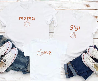 One Little Pumpkin First Birthday Short Sleeve Shirt, Pumpkin Themed 1st Birthday Matching Short Sleeve Shirt, Mama Little Pumpkin Tee