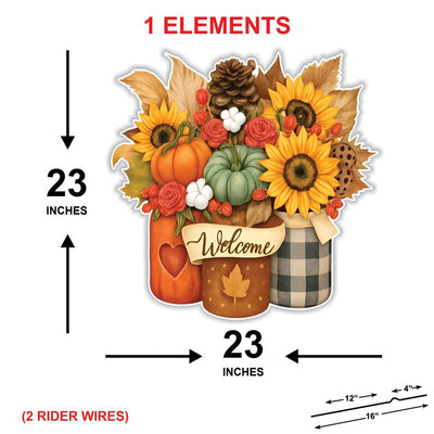 Fall Pumpkin Mason Jar Welcome Yard Sign, Autumn Sunflower Lawn Decoration with Stakes, Thanksgiving Harvest Outdoor Garden Patio Décor