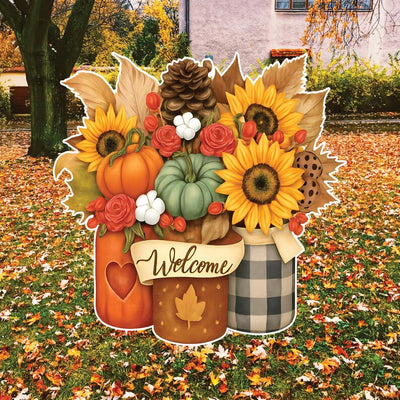 Fall Pumpkin Mason Jar Welcome Yard Sign, Autumn Sunflower Lawn Decoration with Stakes, Thanksgiving Harvest Outdoor Garden Patio Décor