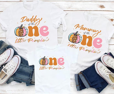 One Little Pumpkin First Birthday Short Sleeve Shirt, Pumpkin Themed 1st Birthday Matching Short Sleeve Shirt, Mama Little Pumpkin Tee