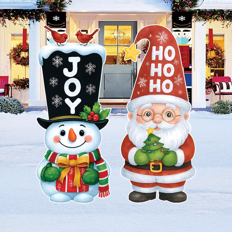 Christmas Yard Signs, Santa and Snowman Outdoor Lawn Decorations with Stakes, Festive Xmas Pathway Walkway Winter Holiday Garden Décor