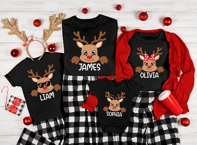 Reindeer Family Christmas Short Sleeve Shirt, Personalized Christmas Family Short Sleeve Shirt, Custom Family Name Tee, Funny Christmas Short Sleeve Shirt