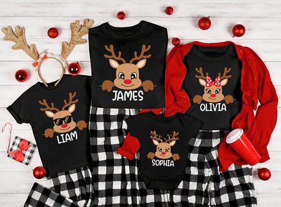 Reindeer Family Christmas Short Sleeve Shirt, Personalized Christmas Family Short Sleeve Shirt, Custom Family Name Tee, Funny Christmas Short Sleeve Shirt