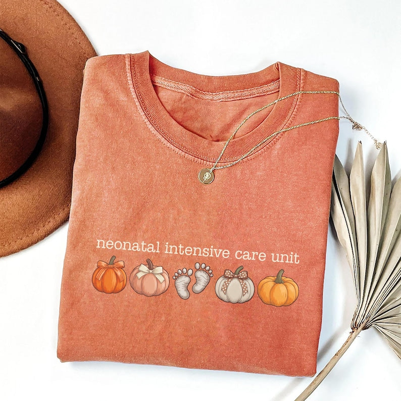 NICU Nurse Short Sleeve Shirt, Neonatal Intensive Care Unit Short Sleeve Shirt, Fall Autumn Doctor RN Pumpkins Footprints Short Sleeve Shirt