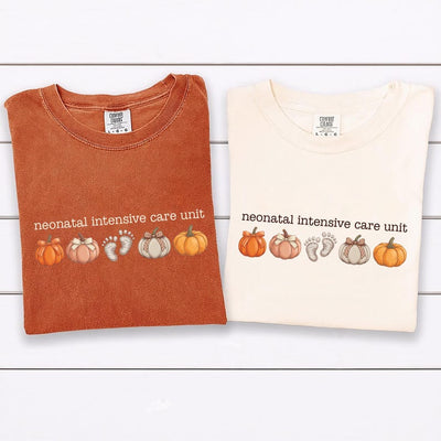 NICU Nurse Short Sleeve Shirt, Neonatal Intensive Care Unit Short Sleeve Shirt, Fall Autumn Doctor RN Pumpkins Footprints Short Sleeve Shirt