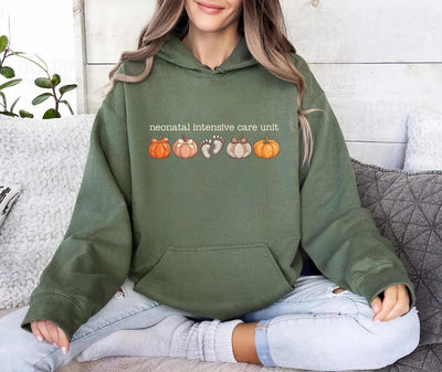 NICU Nurse Hoodie, Neonatal Intensive Care Unit Hoodie, Fall Autumn Doctor RN Pumpkins Footprints, Halloween Hoodie
