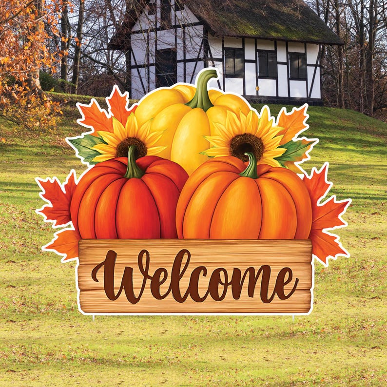 Fall Pumpkin Welcome Yard Sign, Autumn Harvest Lawn Decorations with Stakes, Rustic Sunflower Maple Leaf Outdoor Thanksgiving Porch Décor