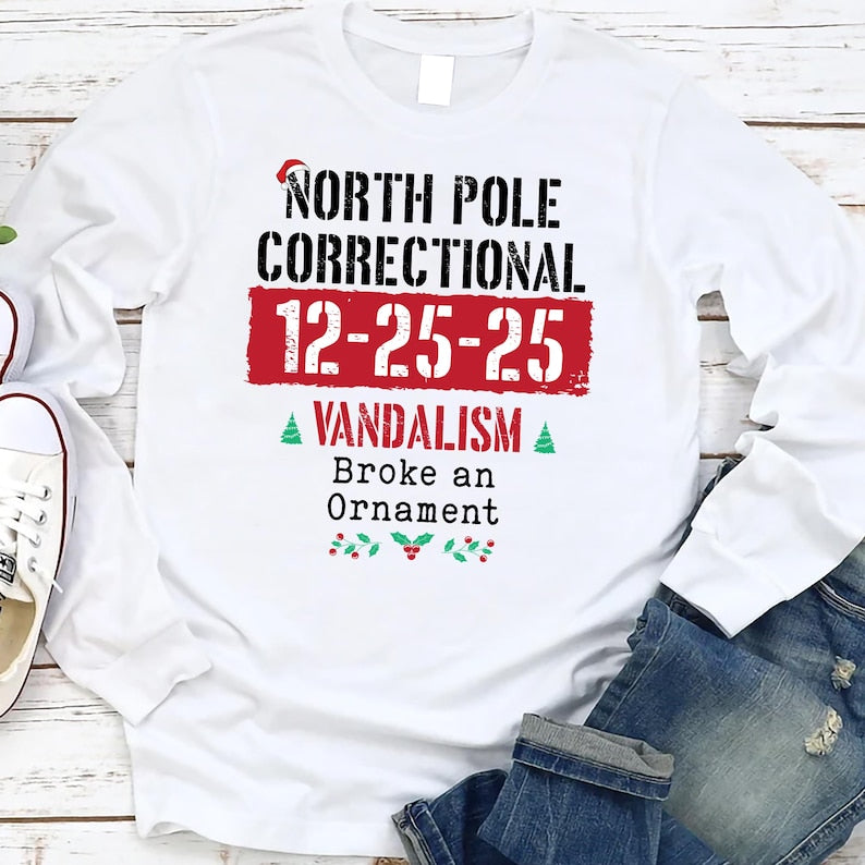 Custom North Pole Correctional Quotes Long Sleeve Shirt, Funny Family Matching Christmas Long Sleeve Shirt, North Pole Correctional Long Sleeve Shirt