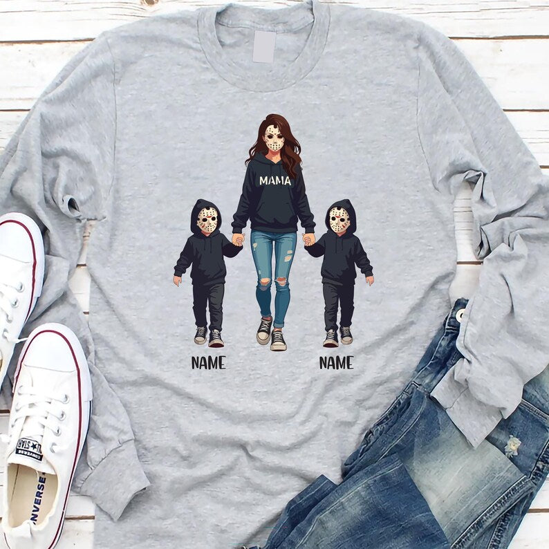 Halloween Horror Mama Long Sleeve Shirt, Custom Kids Name Long Sleeve Shirt, Custom Spooky Mama Long Sleeve Shirt, Family Spooky Season