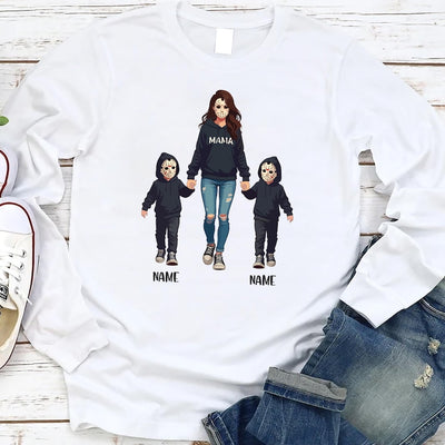 Halloween Horror Mama Long Sleeve Shirt, Custom Kids Name Long Sleeve Shirt, Custom Spooky Mama Long Sleeve Shirt, Family Spooky Season