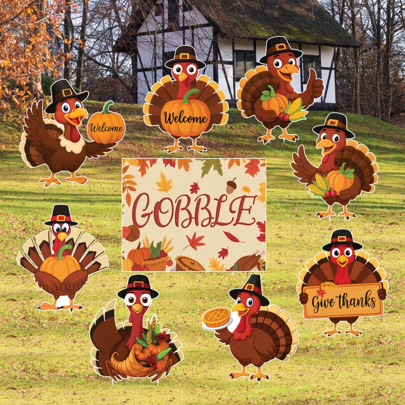 Thanksgiving Gobble Turkey Yard Signs, Fall Harvest Lawn Decorations with Stakes, Outdoor Give Thanks Pumpkin Autumn Garden Party Décor