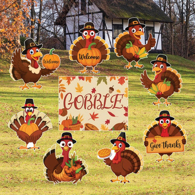 Thanksgiving Gobble Turkey Yard Signs, Fall Harvest Lawn Decorations with Stakes, Outdoor Give Thanks Pumpkin Autumn Garden Party Décor