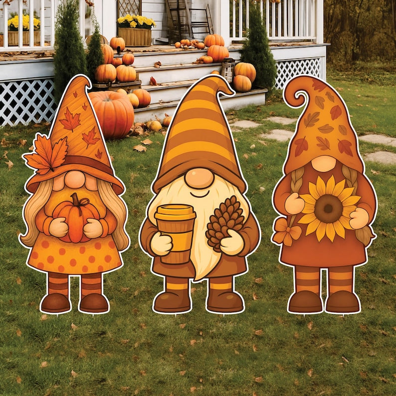 Fall Gnome Yard Signs, Cute Autumn Lawn Decorations with Stakes, Outdoor Harvest Pumpkin Sunflower Garden Décor for Thanksgiving Pathway
