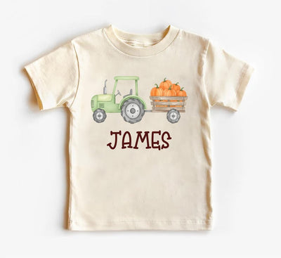 Personalized Pumpkin Tractor Kids Shirt, Halloween Green Tractor Toddler T-Shirt, Custom Halloween Boys Shirt, Custom Halloween Kids Tees