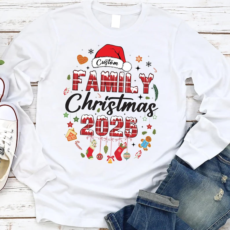 Custom Family Christmas 2025 Long Sleeve Shirt, Matching Holiday Outfits Long Sleeve Shirt, Personalized Christmas Family Tee