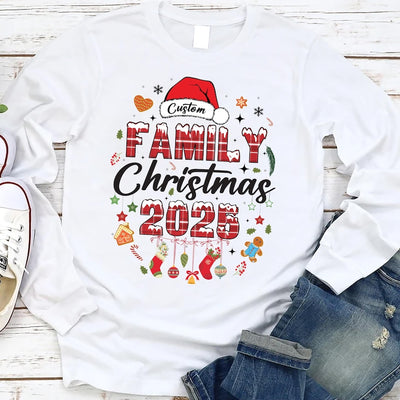 Custom Family Christmas 2025 Long Sleeve Shirt, Matching Holiday Outfits Long Sleeve Shirt, Personalized Christmas Family Tee