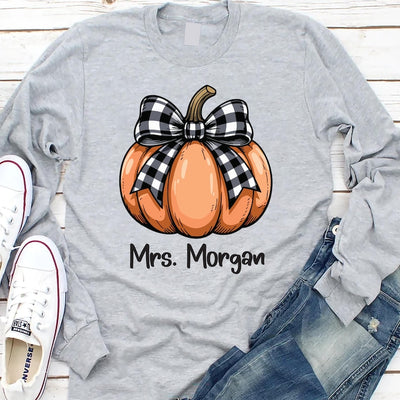 Teacher Halloween Long Sleeve Shirt, Custom Halloween Teacher Long Sleeve Shirt, Coquette Pumpkin Tee, Spooky Teacher Long Sleeve Shirt