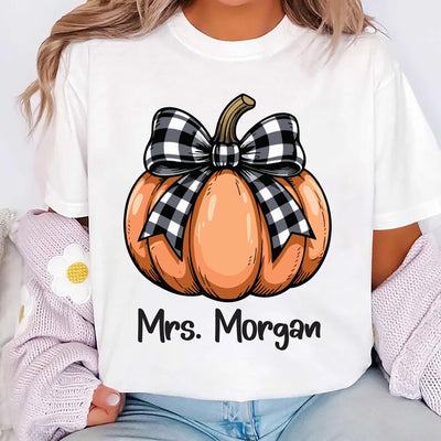 Teacher Halloween Shirt, Custom Halloween Teacher Short Sleeve Shirt, Coquette Pumpkin Tee, Spooky Teacher Short Sleeve Shirt