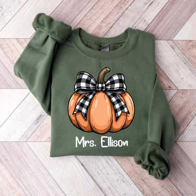 Teacher Halloween Sweatshirt, Custom Halloween Teacher SweatShirt, Coquette Pumpkin Tee, Spooky Teacher SweatShirt