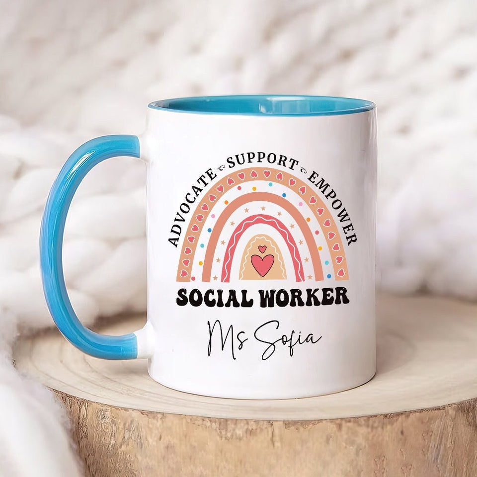 Personalized Social Work Mug, Custom Name Rainbow Social Worker Coffee Mug, Social Worker Life, Social Worker Gift