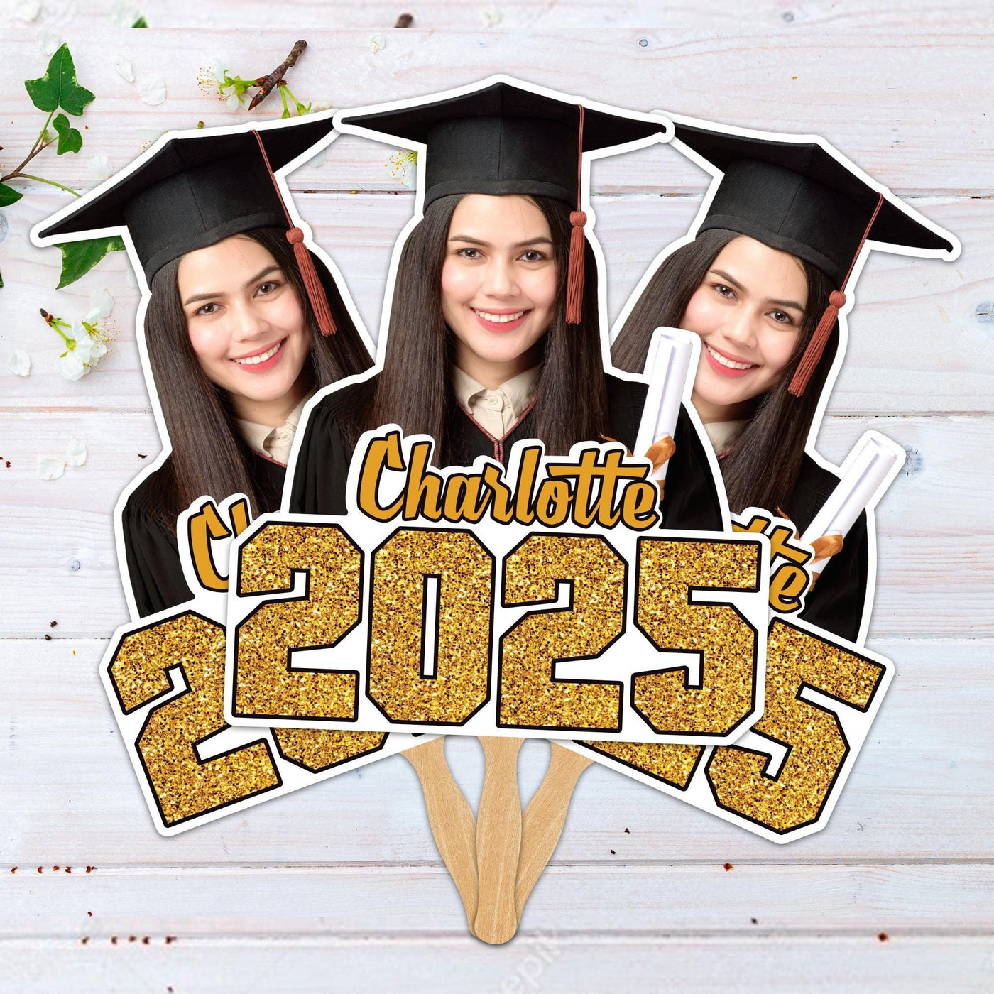 Custom Face Fans With Wooden Handle, Graduation Head