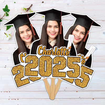 Custom Face Fans With Wooden Handle, Graduation Head