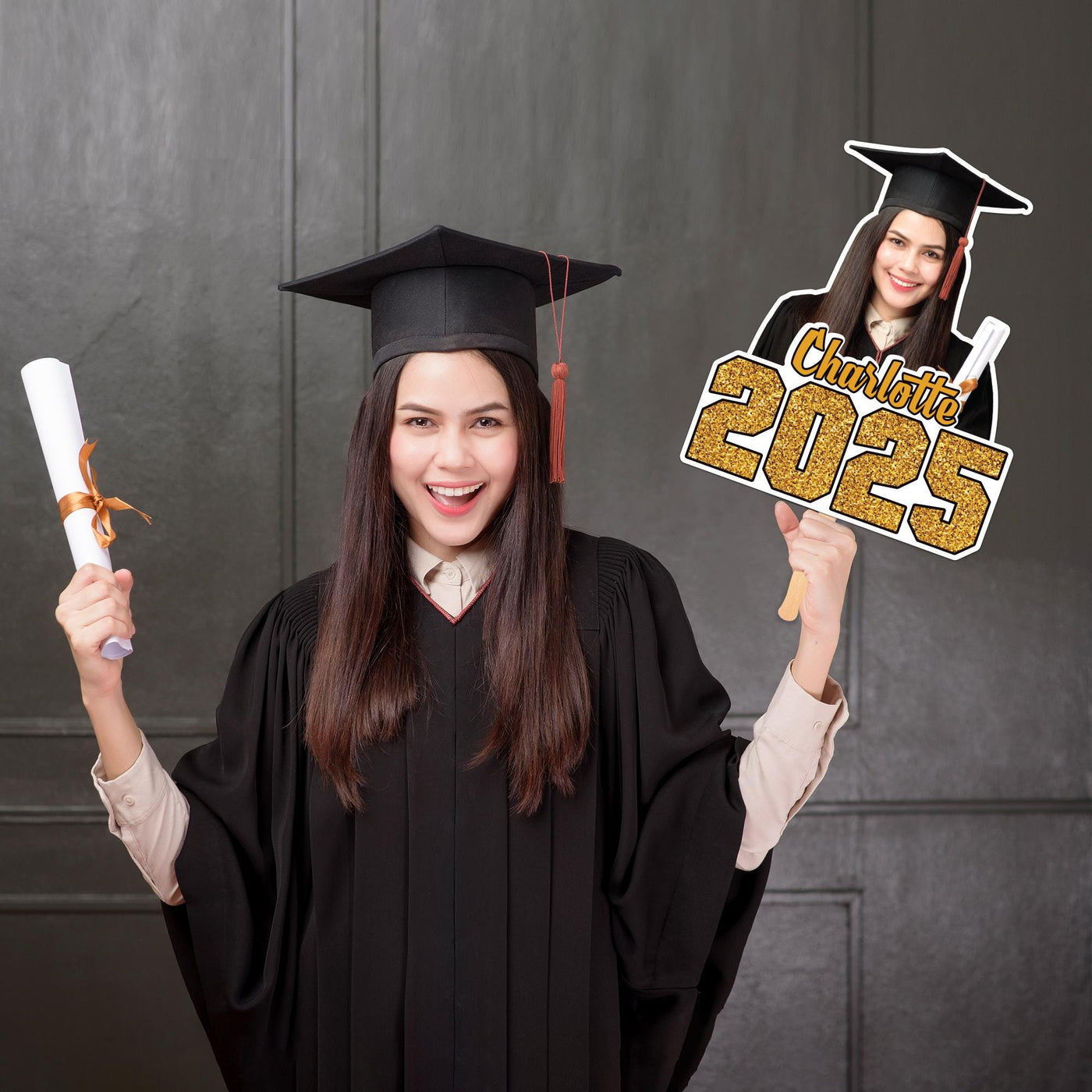 Custom Face Fans With Wooden Handle, Graduation Head