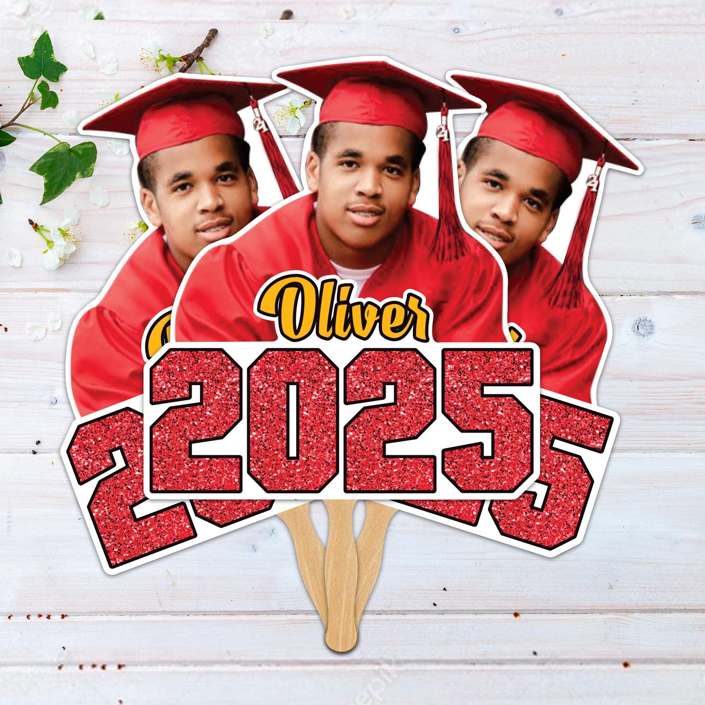 Custom Face Fans With Wooden Handle, Graduation Head