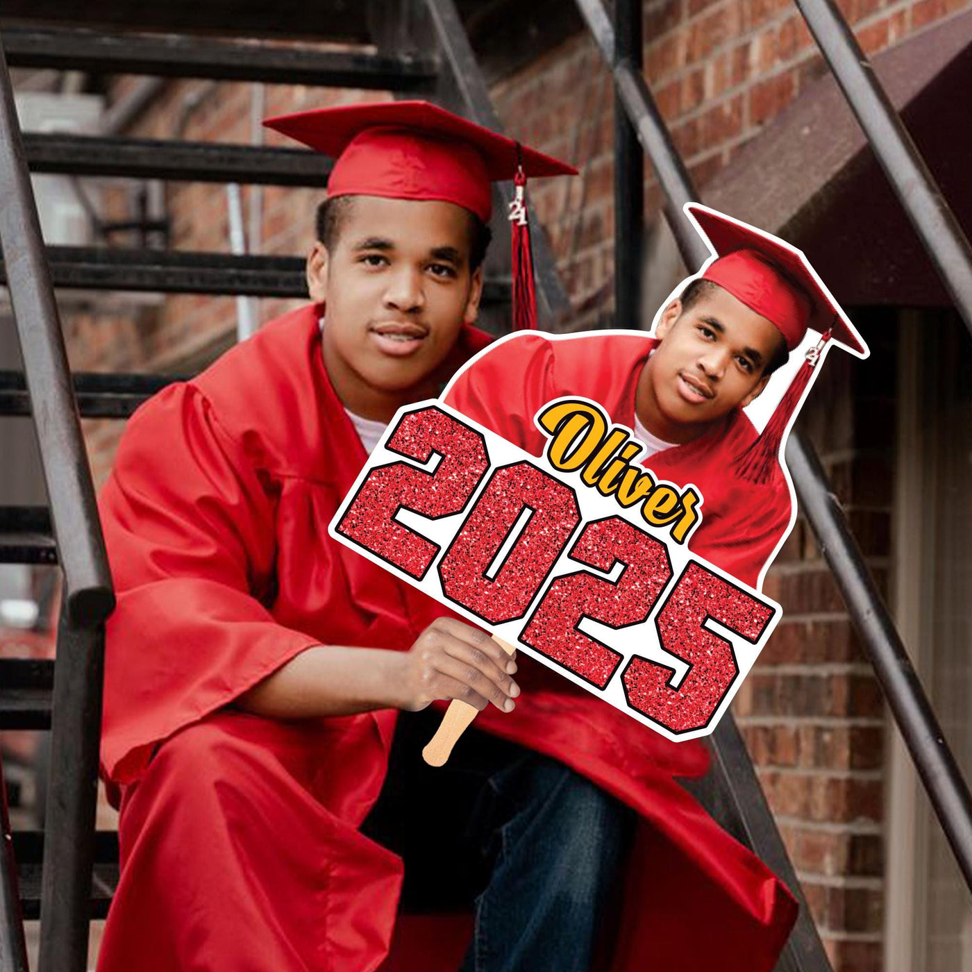Custom Face Fans With Wooden Handle, Graduation Head