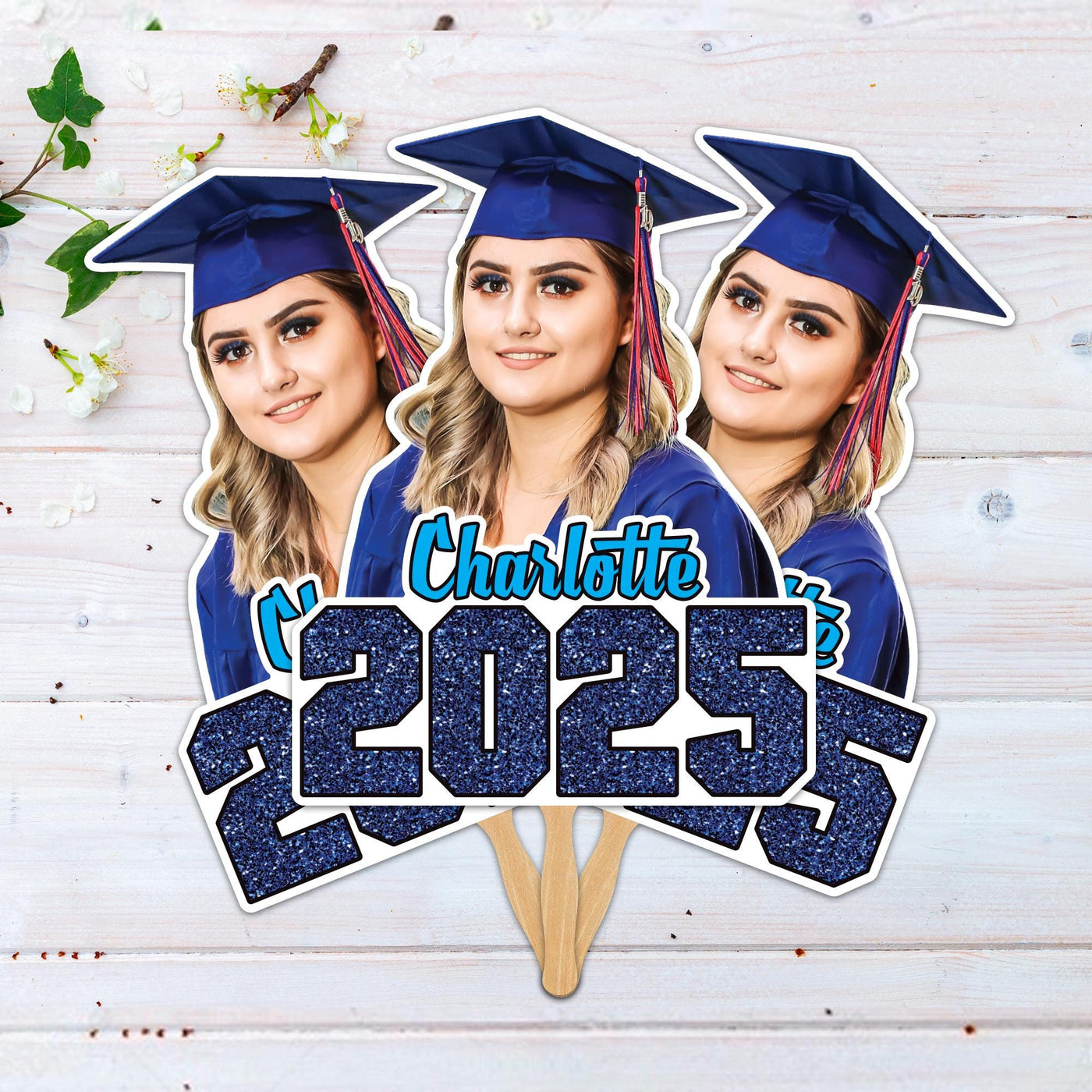 Custom Face Fans With Wooden Handle, Graduation Head